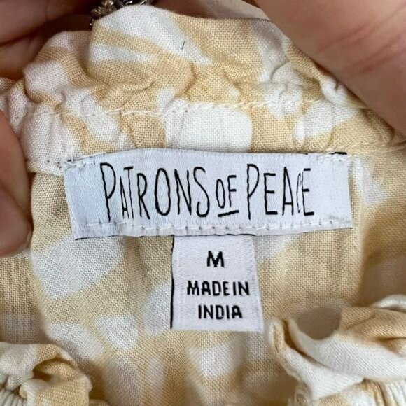 Patrons Of Peace Dress Size M Maxi Ruffle Tier Tie Neck Off Shoulder Tan White - Picture 4 of 13